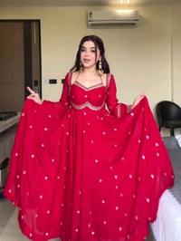 Red Georgette Embroidery Anarkali Suit Set with Dupatta Ready to Wear for Celebrations - Red, XXL