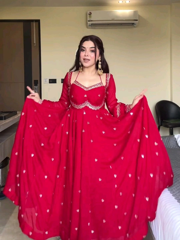 Red Georgette Embroidery Anarkali Suit Set with Dupatta Ready to Wear for Celebrations - Red, XXL