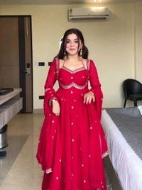 Red Georgette Embroidery Anarkali Suit Set with Dupatta Ready to Wear for Celebrations - Red, XXL