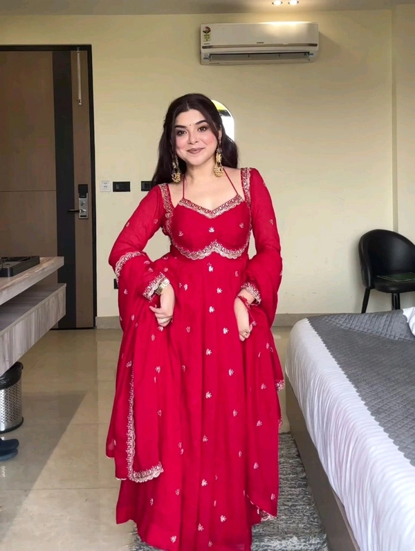 Red Georgette Embroidery Anarkali Suit Set with Dupatta Ready to Wear for Celebrations - Red, XXL