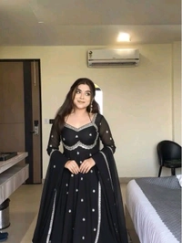 Red Georgette Embroidery Anarkali Suit Set with Dupatta Ready to Wear for Celebrations - Black, XXL