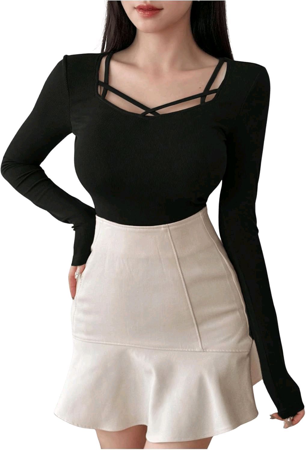 Women's Criss Cross Scoop Neck T Shirt Long Sleeve Slim Fit Dressy