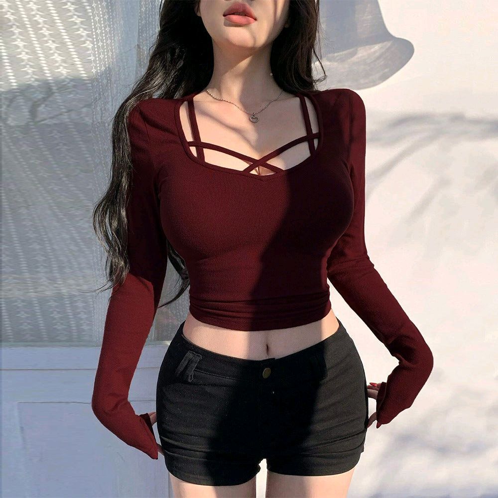 Women's Criss Cross Scoop Neck T Shirt Long Sleeve Slim Fit Dressy