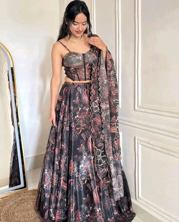 Grey Color Pure Organza Digital Printed Lehenga Choli - XL, Grey