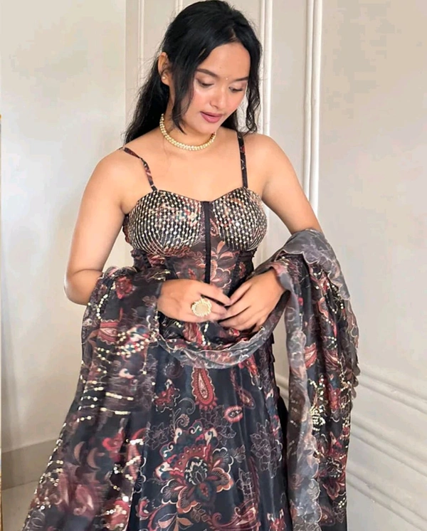 Grey Color Pure Organza Digital Printed Lehenga Choli - XL, Grey