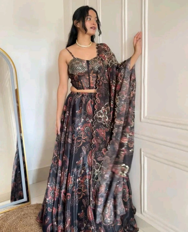 Grey Color Pure Organza Digital Printed Lehenga Choli - XL, Grey