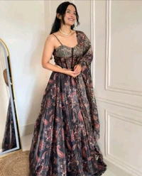 Grey Color Pure Organza Digital Printed Lehenga Choli - XL, Grey