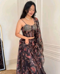 Grey Color Pure Organza Digital Printed Lehenga Choli - XL, Grey