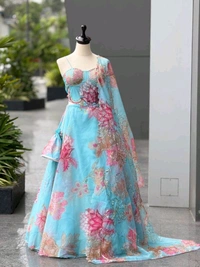 Grey Color Pure Organza Digital Printed Lehenga Choli - Free Size, Spray