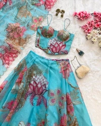 Grey Color Pure Organza Digital Printed Lehenga Choli - XL, Spray