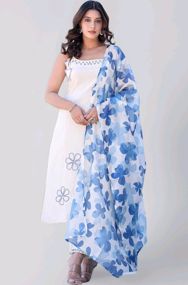 Women's Pure Cotton Kurta Set with Dupatta – Sleeveless White Kurti with Pink Floral Embroidery | Summer Ethnic Wear | Breathable & Soft Fabric - M, Blue