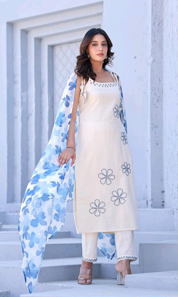 Women's Pure Cotton Kurta Set with Dupatta – Sleeveless White Kurti with Pink Floral Embroidery | Summer Ethnic Wear | Breathable & Soft Fabric - M, Blue