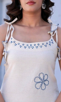 Women's Pure Cotton Kurta Set with Dupatta – Sleeveless White Kurti with Pink Floral Embroidery | Summer Ethnic Wear | Breathable & Soft Fabric - M, Blue