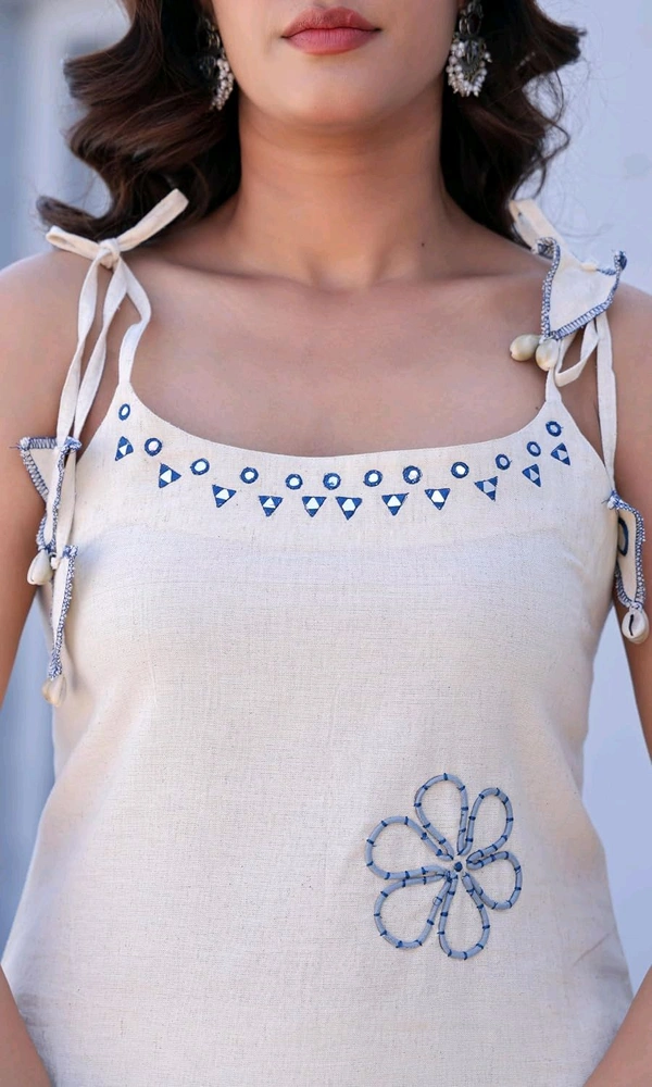 Women's Pure Cotton Kurta Set with Dupatta – Sleeveless White Kurti with Pink Floral Embroidery | Summer Ethnic Wear | Breathable & Soft Fabric - M, Blue