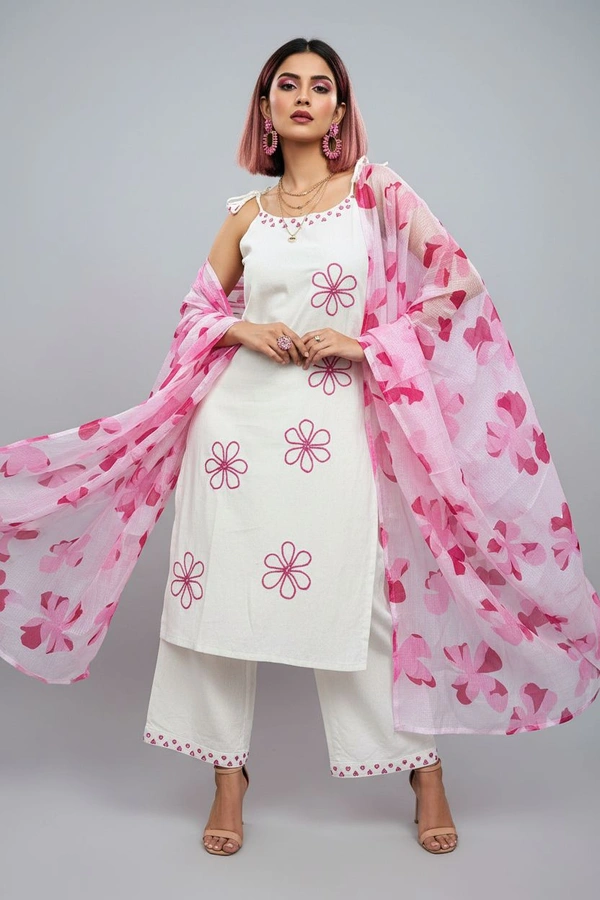 Women's Pure Cotton Kurta Set with Dupatta – Sleeveless White Kurti with Pink Floral Embroidery | Summer Ethnic Wear | Breathable & Soft Fabric - XL, Pink