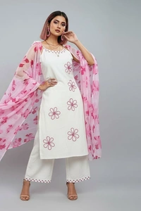 Women's Pure Cotton Kurta Set with Dupatta – Sleeveless White Kurti with Pink Floral Embroidery | Summer Ethnic Wear | Breathable & Soft Fabric - XL, Pink