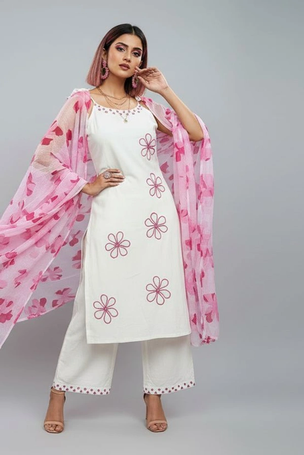Women's Pure Cotton Kurta Set with Dupatta – Sleeveless White Kurti with Pink Floral Embroidery | Summer Ethnic Wear | Breathable & Soft Fabric - XL, Pink