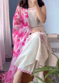 Women's Pure Cotton Kurta Set with Dupatta – Sleeveless White Kurti with Pink Floral Embroidery | Summer Ethnic Wear | Breathable & Soft Fabric - XXL, Pink