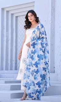 Women's Pure Cotton Kurta Set with Dupatta – Sleeveless White Kurti with Pink Floral Embroidery | Summer Ethnic Wear | Breathable & Soft Fabric - XXL, Blue