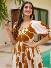 Women's Georgette Floral Printed Tiered Maxi Dress with Puff Sleeves and Square Neck (Barmasi) - L, Chelsea Gem