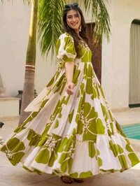 Women's Georgette Floral Printed Tiered Maxi Dress with Puff Sleeves and Square Neck (Barmasi) - L, Olive