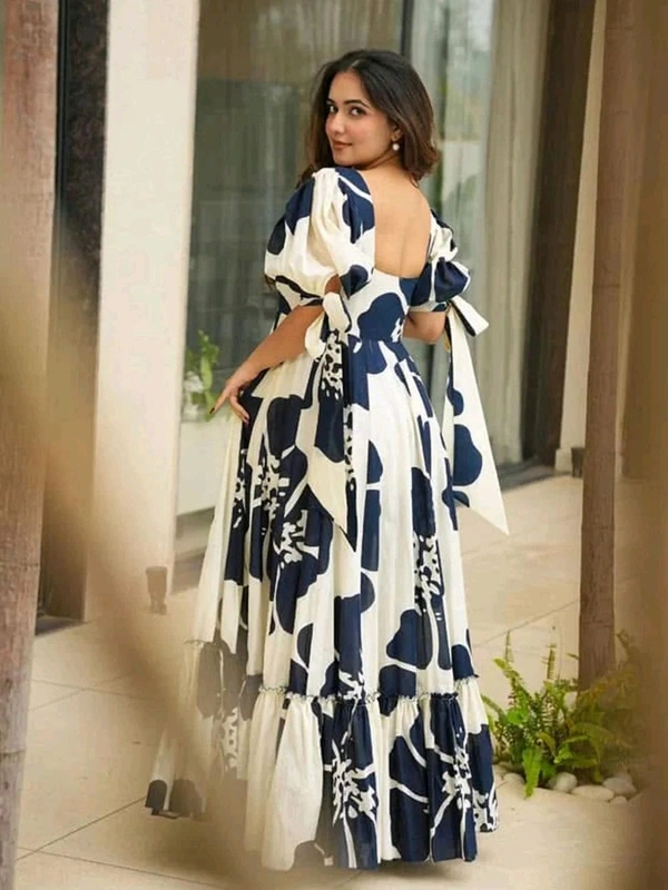 Women's Georgette Floral Printed Tiered Maxi Dress with Puff Sleeves and Square Neck (Barmasi) - M, Big Stone