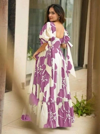 Women's Georgette Floral Printed Tiered Maxi Dress with Puff Sleeves and Square Neck (Barmasi) - M, Hopbush