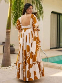 Women's Georgette Floral Printed Tiered Maxi Dress with Puff Sleeves and Square Neck (Barmasi) - M, Chelsea Gem