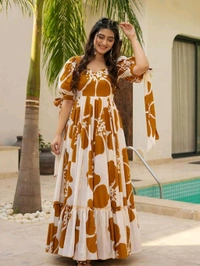 Women's Georgette Floral Printed Tiered Maxi Dress with Puff Sleeves and Square Neck (Barmasi) - M, Chelsea Gem