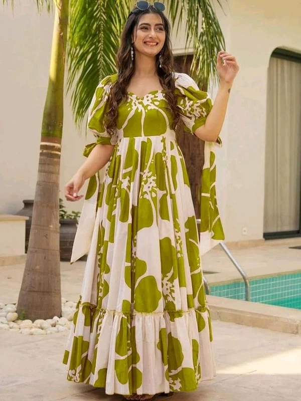 Women's Georgette Floral Printed Tiered Maxi Dress with Puff Sleeves and Square Neck (Barmasi) - M, Olive