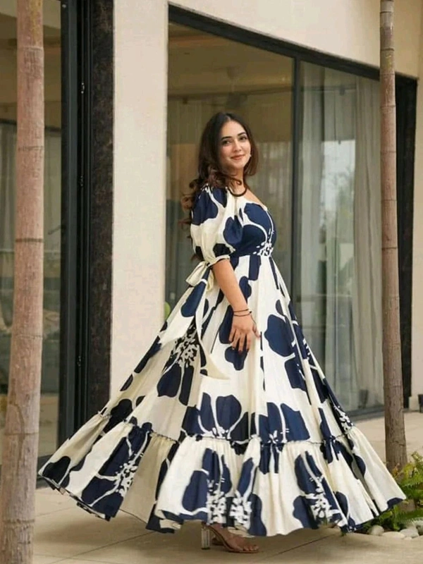 Women's Georgette Floral Printed Tiered Maxi Dress with Puff Sleeves and Square Neck (Barmasi) - S, Big Stone