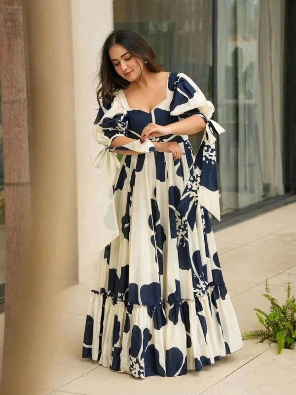 Women's Georgette Floral Printed Tiered Maxi Dress with Puff Sleeves and Square Neck (Barmasi) - S, Big Stone