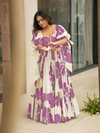 Women's Georgette Floral Printed Tiered Maxi Dress with Puff Sleeves and Square Neck (Barmasi) - S, Hopbush