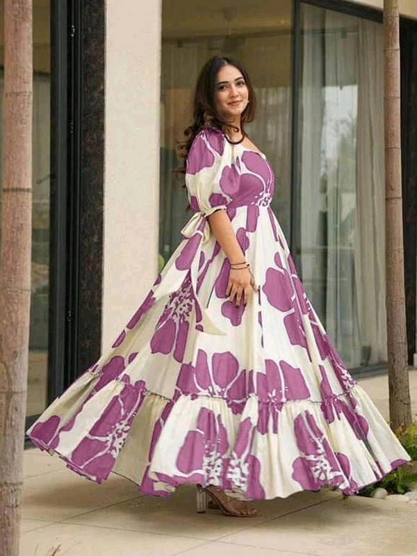 Women's Georgette Floral Printed Tiered Maxi Dress with Puff Sleeves and Square Neck (Barmasi) - S, Hopbush