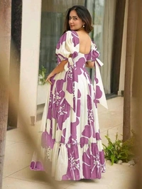 Women's Georgette Floral Printed Tiered Maxi Dress with Puff Sleeves and Square Neck (Barmasi) - S, Hopbush