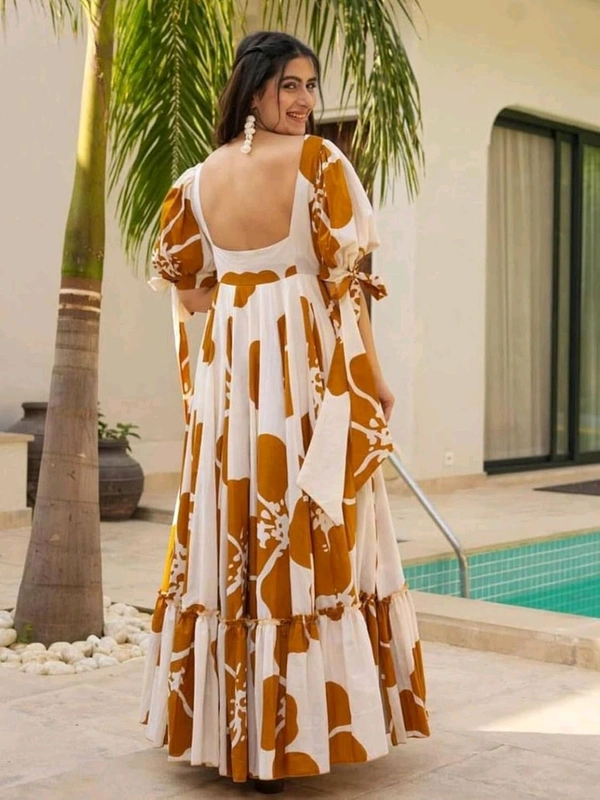 Women's Georgette Floral Printed Tiered Maxi Dress with Puff Sleeves and Square Neck (Barmasi) - S, Chelsea Gem