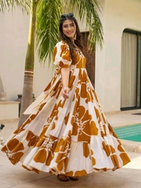 Women's Georgette Floral Printed Tiered Maxi Dress with Puff Sleeves and Square Neck (Barmasi) - S, Chelsea Gem