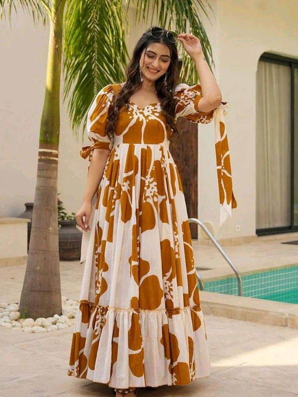 Women's Georgette Floral Printed Tiered Maxi Dress with Puff Sleeves and Square Neck (Barmasi) - S, Chelsea Gem