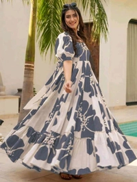 Women's Georgette Floral Printed Tiered Maxi Dress with Puff Sleeves and Square Neck (Barmasi) - S, Mid Gray