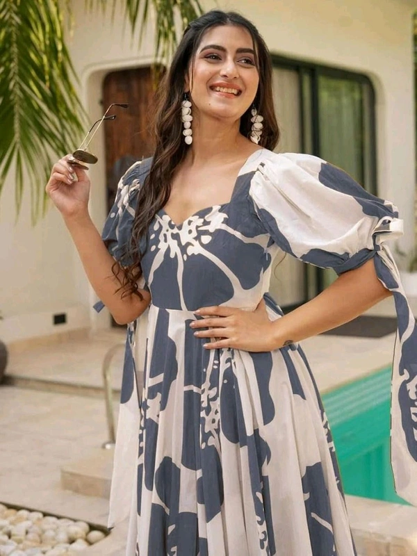 Women's Georgette Floral Printed Tiered Maxi Dress with Puff Sleeves and Square Neck (Barmasi) - S, Mid Gray