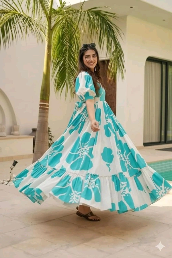 Women's Georgette Floral Printed Tiered Maxi Dress with Puff Sleeves and Square Neck (Barmasi) - S, Keppel