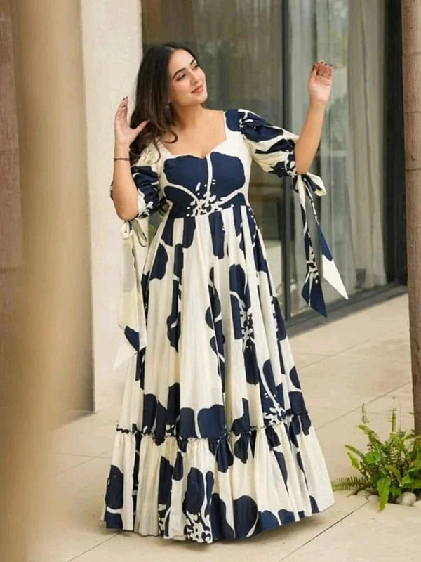 Women's Georgette Floral Printed Tiered Maxi Dress with Puff Sleeves and Square Neck (Barmasi) - XL, Big Stone