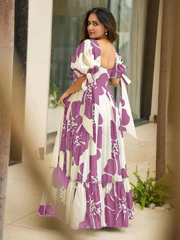 Women's Georgette Floral Printed Tiered Maxi Dress with Puff Sleeves and Square Neck (Barmasi) - XL, Hopbush