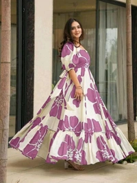 Women's Georgette Floral Printed Tiered Maxi Dress with Puff Sleeves and Square Neck (Barmasi) - XL, Hopbush