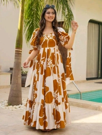 Women's Georgette Floral Printed Tiered Maxi Dress with Puff Sleeves and Square Neck (Barmasi) - XL, Chelsea Gem