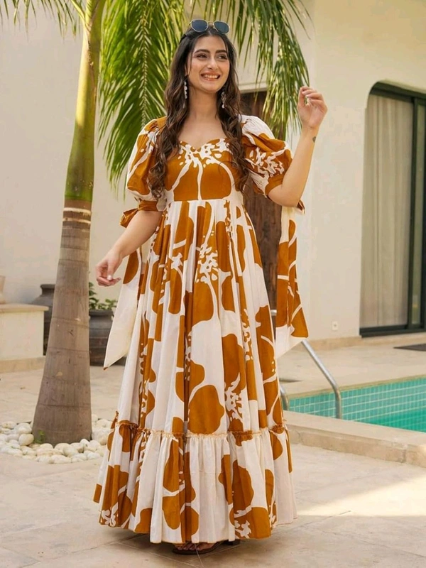 Women's Georgette Floral Printed Tiered Maxi Dress with Puff Sleeves and Square Neck (Barmasi) - XL, Chelsea Gem