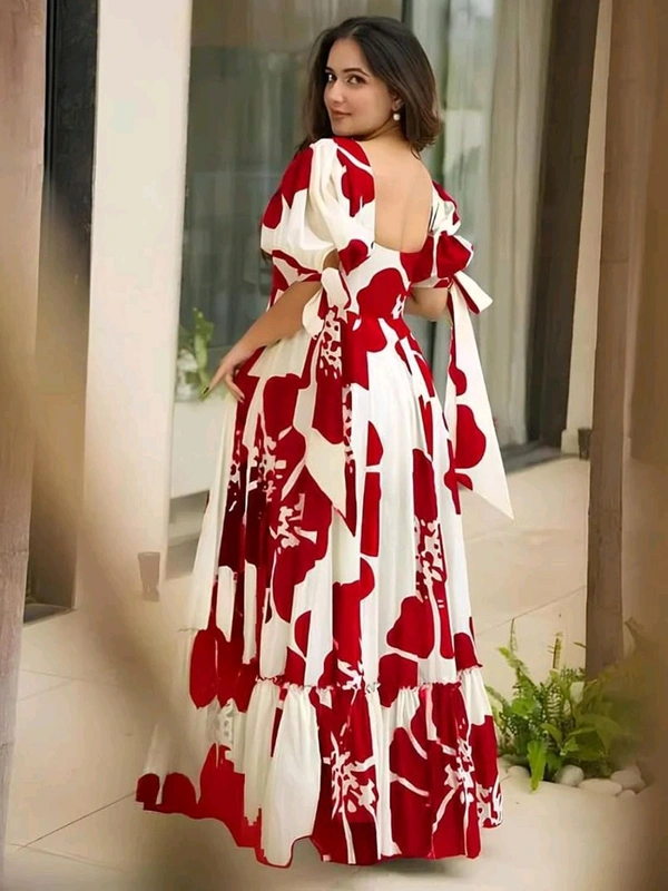 Women's Georgette Floral Printed Tiered Maxi Dress with Puff Sleeves and Square Neck (Barmasi) - XL, Japanese Maple