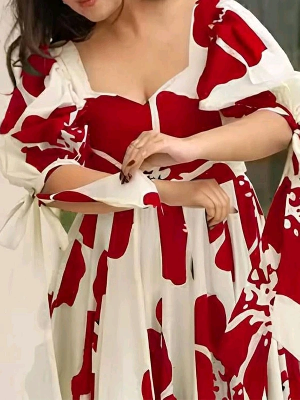 Women's Georgette Floral Printed Tiered Maxi Dress with Puff Sleeves and Square Neck (Barmasi) - XL, Japanese Maple