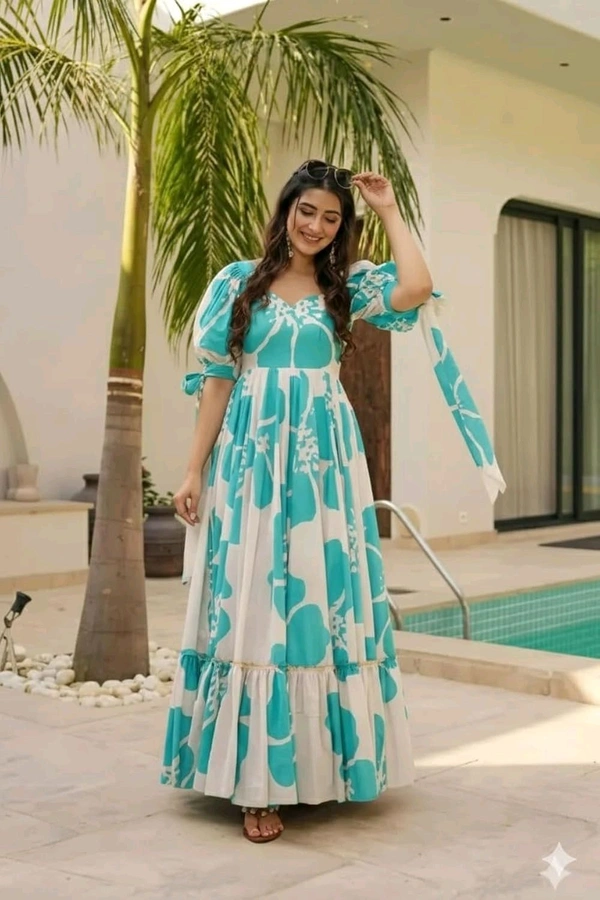 Women's Georgette Floral Printed Tiered Maxi Dress with Puff Sleeves and Square Neck (Barmasi) - XL, Keppel