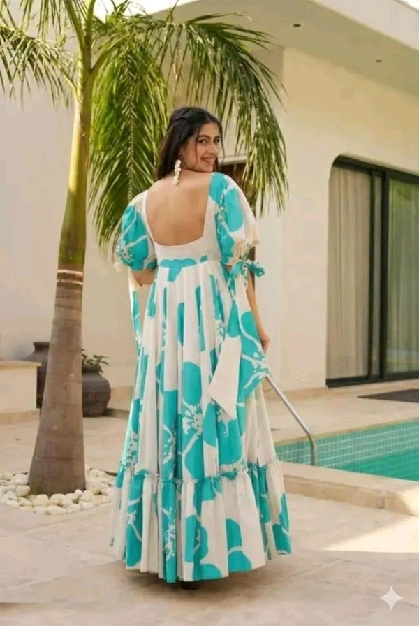 Women's Georgette Floral Printed Tiered Maxi Dress with Puff Sleeves and Square Neck (Barmasi) - XL, Keppel